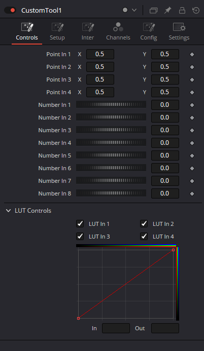 CustomTool — Controls: Point In 1–4, Number In 1–8, LUT In 1–4 and editable curve in current captured Inspector.