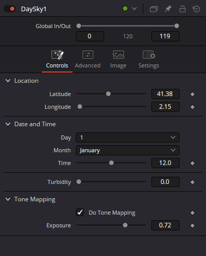 DaySky Controls: Location, Date and Time, Turbidity и Tone Mapping
