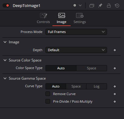 DeepToImage Image tab: Process Mode, output Depth, Source Color Space and Source Gamma Space