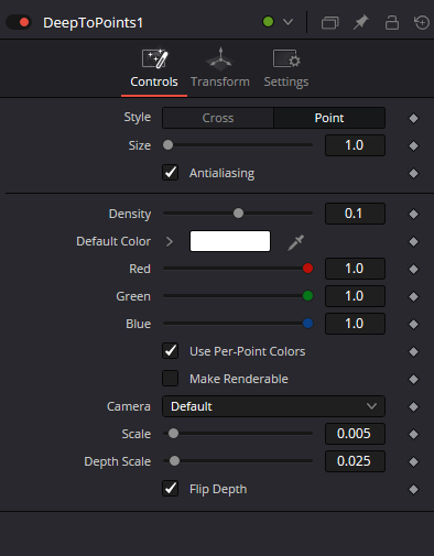 DeepToPoints: исходный Inspector Controls с Style, Density, Color, Camera, Scale, Depth Scale и Flip Depth