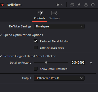 Deflicker · оригинальный Inspector Controls: Timelapse, Reduced-Detail Motion, Limit Analysis Area, Detail to Restore и Output