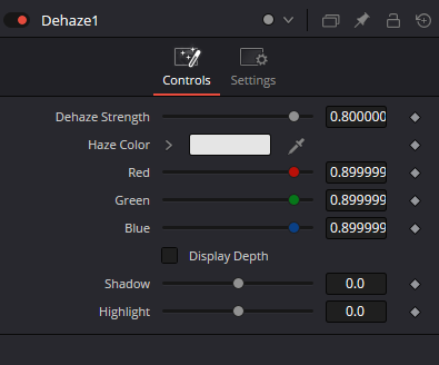 Dehaze · оригинальный Inspector Resolve 21: Dehaze Strength, Haze Color и RGB, Display Depth, Shadow и Highlight