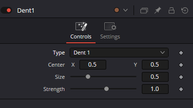 Dent · оригинальный Inspector Fusion: Type, Center X/Y, Size и Strength, показаны исходные значения 0.5 и 1.0