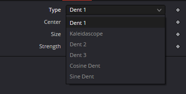 Dent · раскрытое меню Type: Dent 1, Kaleidascope, Dent 2, Dent 3, Cosine Dent и Sine Dent