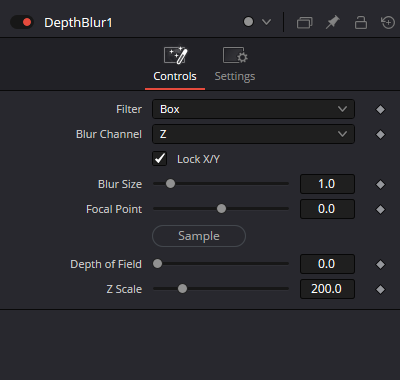 DepthBlur · оригинальный Inspector: Filter, Blur Channel, Lock X/Y, Blur Size, Focal Point с Sample, Depth of Field и Z Scale