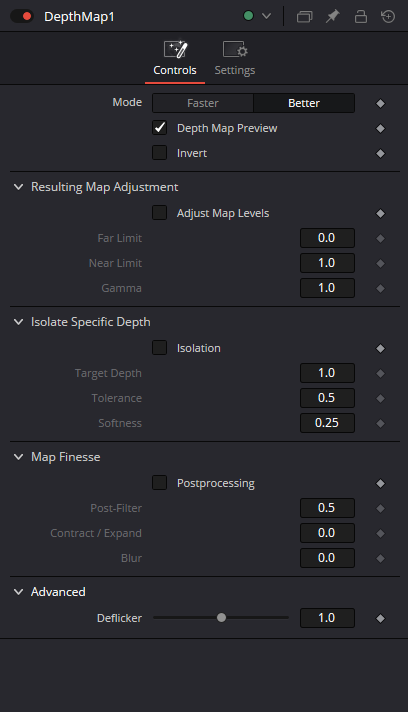 DepthMap · оригинальный Inspector Resolve 21: Mode, Depth Map Preview, Invert, Resulting Map Adjustment, Isolate Specific Depth, Map Finesse, Advanced Deflicker