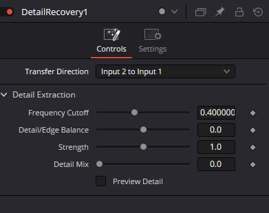 Исходный Inspector DetailRecovery: Transfer Direction и Detail Extraction с Cutoff, Balance, Strength, Detail Mix и Preview Detail