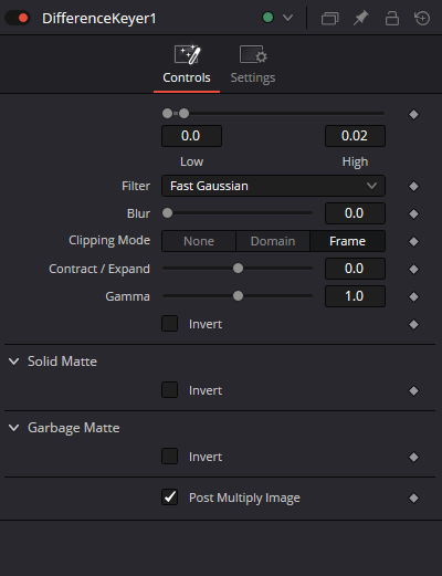 Оригинальный Inspector DifferenceKeyer: Low/High, Filter, Blur, Clipping Mode, Contract/Expand, Gamma, Invert и три matte/premult секции