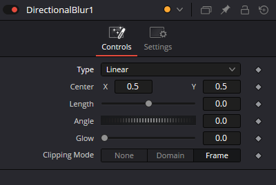 Оригинальная панель DirectionalBlur Controls: Type, Center X/Y, Length, Angle, Glow и Clipping Mode (None, Domain, Frame).