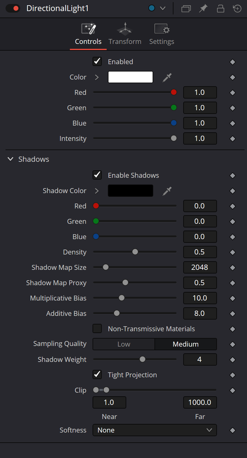 DirectionalLight Controls with Color, Intensity and directional shadow-map controls