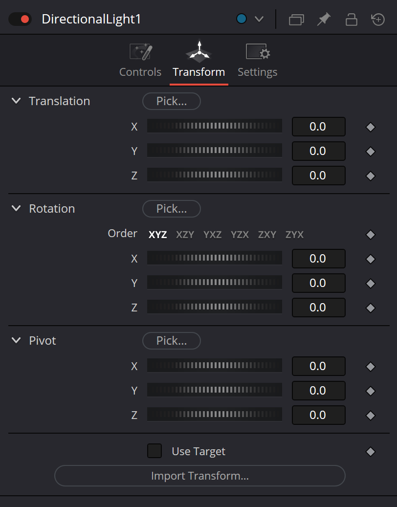 DirectionalLight Transform with Translation, Rotation, Pivot, Use Target and Import Transform