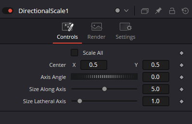 DirectionalScale — real Resolve 21 Controls Inspector with Scale All, Center, Axis Angle, Size Along Axis and Size Lateral Axis