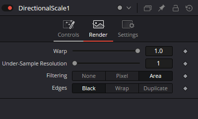 DirectionalScale — real Resolve 21 Render Inspector with Warp, Under-Sample Resolution, Filtering None/Pixel/Area and Edges Black/Wrap/Duplicate