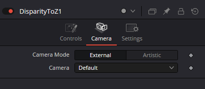 DisparityToZ Resolve 21 Camera Inspector with External/Artistic Camera Mode and Camera selector