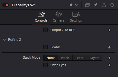 DisparityToZ Resolve 21 Controls Inspector with Output Z To RGB, Refine Z Enable, Stack Mode None/Horiz/Vert/Layers and Swap Eyes