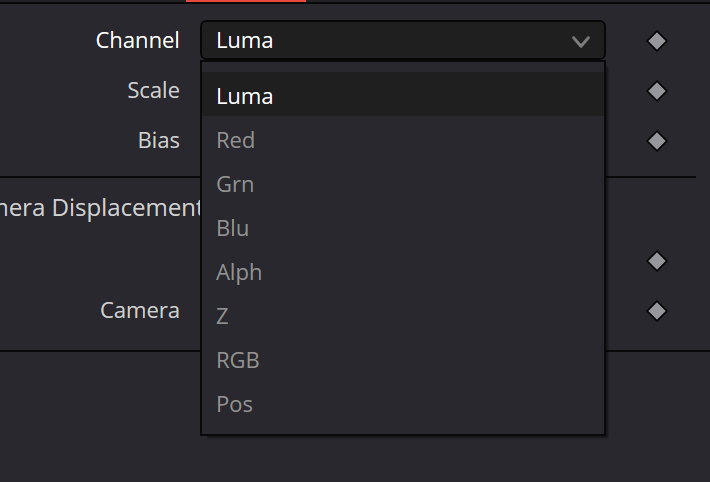 Displace3D Channel menu — Luma, Red, Grn, Blu, Alph, Z, RGB and Pos