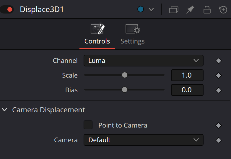 Displace3D Controls — Channel, Scale, Bias, Point to Camera and Camera