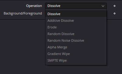 Dissolve Operation menu — Dissolve, Additive, Erode, Random, Alpha Merge, Gradient Wipe and SMPTE Wipe