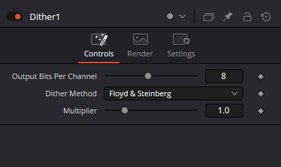 Dither — вкладка Controls с Output Bits Per Channel, Dither Method и Multiplier