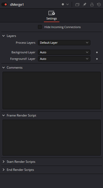 dMerge: настоящая вкладка Settings из Resolve 21 — Hide Incoming Connections, Layers, Process Layers (Default Layer), Background / Foreground Layer (Auto), Comments и Render Scripts.