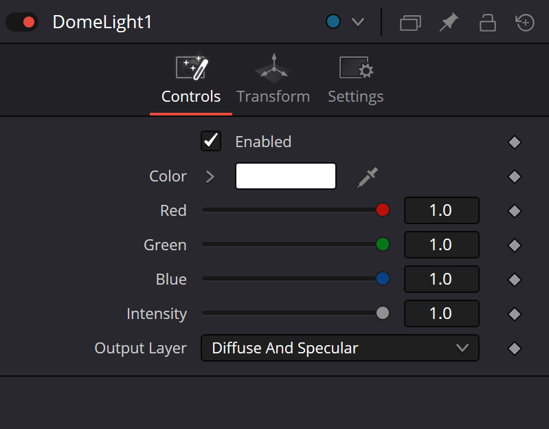 DomeLight Controls: Enabled, Color RGB, Intensity и Output Layer