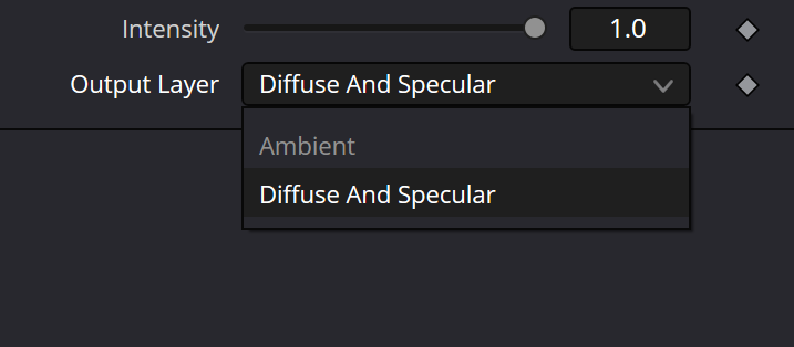 DomeLight Output Layer: в меню видны Ambient и Diffuse And Specular; доступность Ambient без live-проверки не подтверждена
