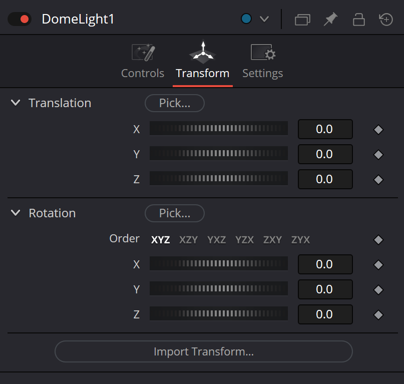 DomeLight Transform: Translation, Rotation и Import Transform