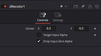 Реальный dRecolor Inspector / Controls: Center X/Y=0.5, Target Input Alpha выключен, Drop Input Zero Alpha включён