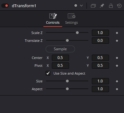 Оригинальный Inspector dTransform: Scale Z 1.0, Translate Z 0.0, Sample, Center и Pivot 0.5, включённый Use Size and Aspect, Size и Aspect 1.0
