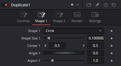 Duplicate — вкладка Shape 1 с параметрами Shape 1, Shape Size 1, Center 1, Angle 1 и Aspect 1
