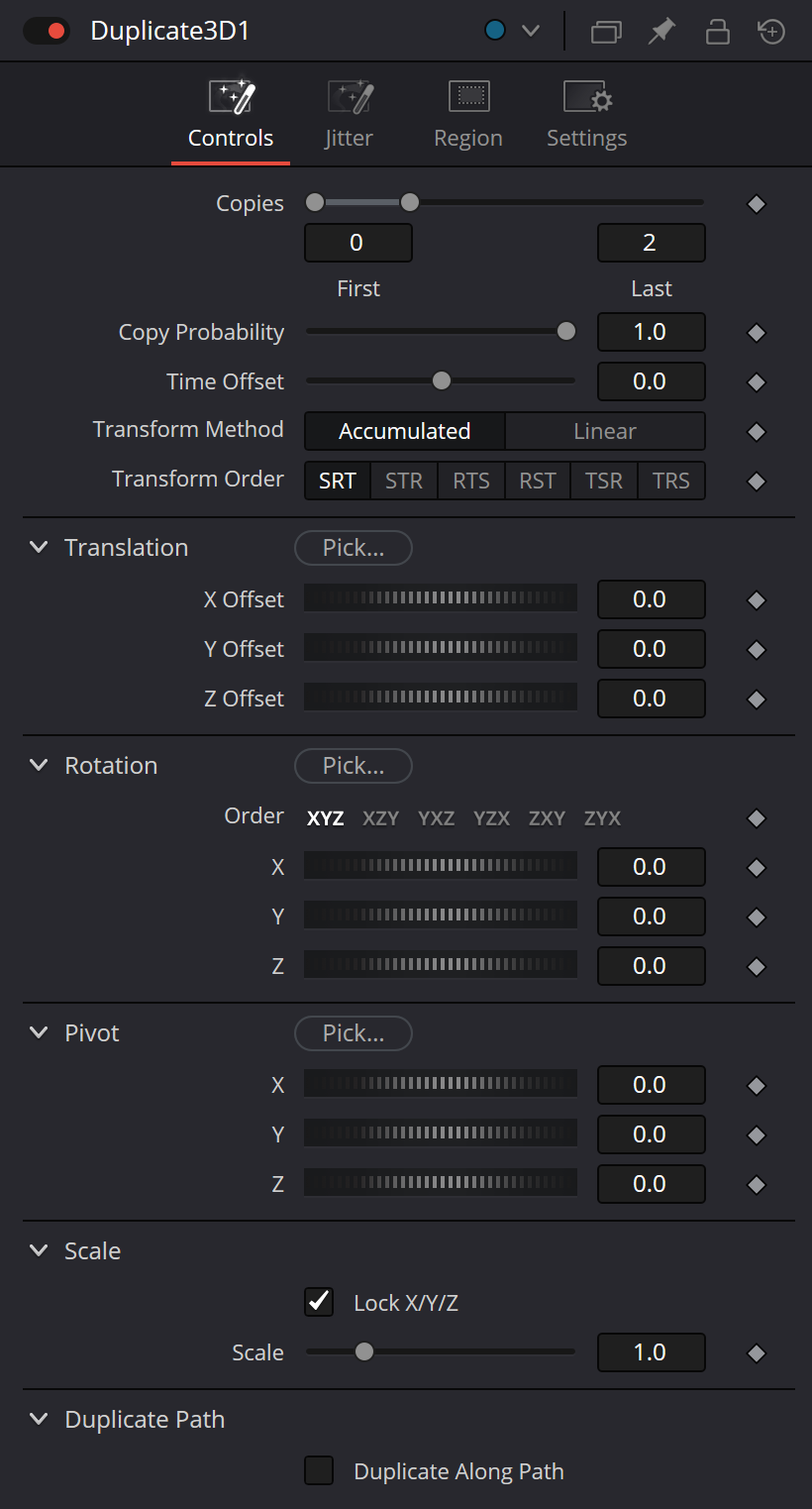 Duplicate3D Controls — Copies, Probability, Transform Method and transforms