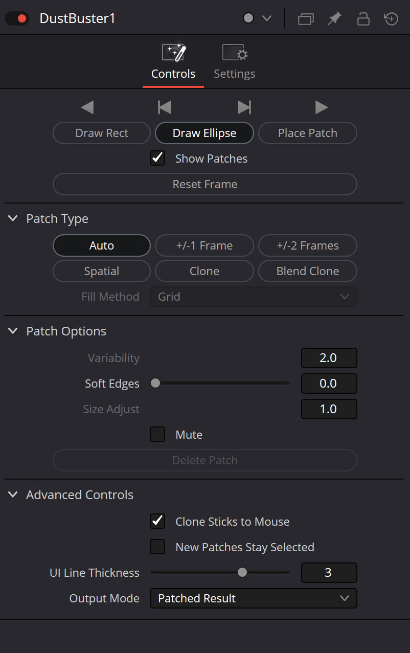 Оригинальный DustBuster Inspector Controls: Auto, Draw Ellipse, Patch Options, Advanced Controls; Fill Method серый в текущем состоянии