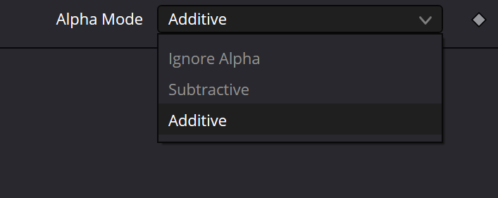 Оригинальное меню Alpha Mode: Additive выбран; Ignore Alpha и Subtractive выглядят серыми