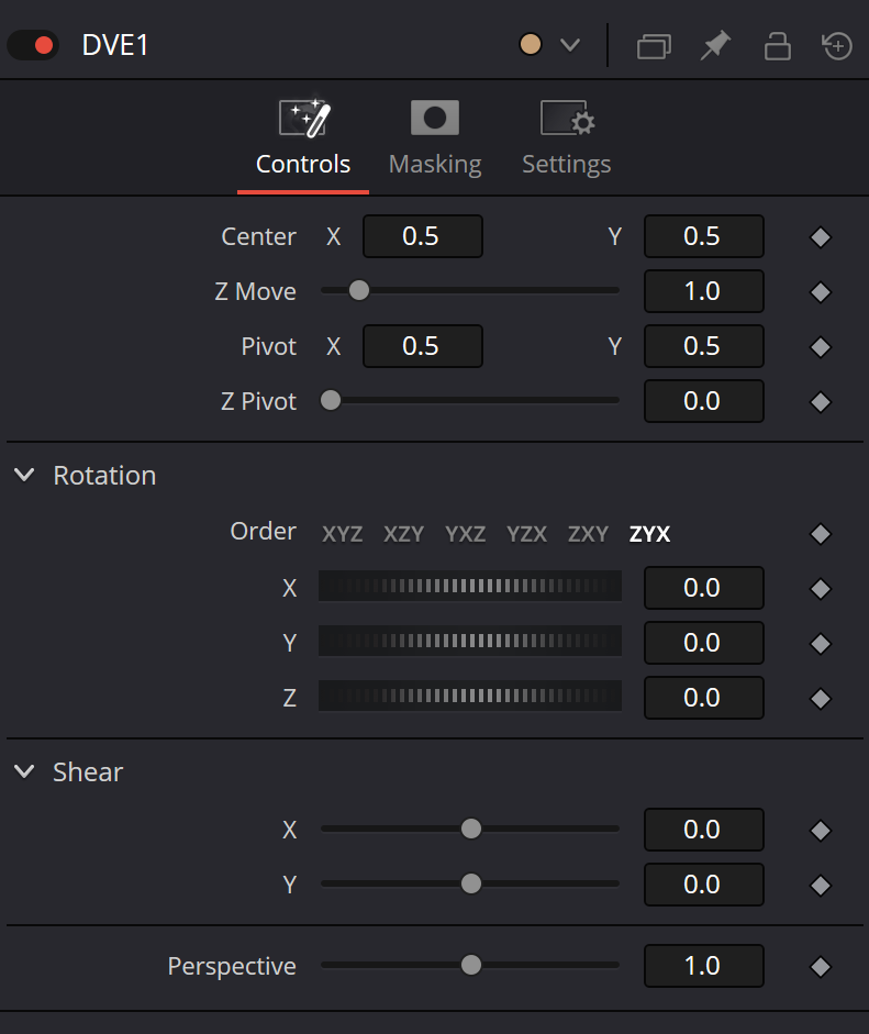 Оригинальный Inspector DVE Controls: Center, Z Move, Pivot, Rotation Order ZYX, Rotation X/Y/Z, Shear X/Y и Perspective