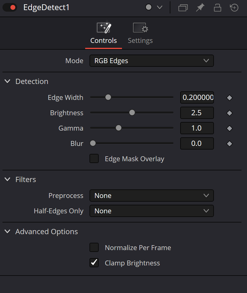 Подлинный Inspector EdgeDetect: RGB Edges, Width 0.2, Brightness 2.5, Gamma 1, Blur 0, None/None, Normalize Off и Clamp On