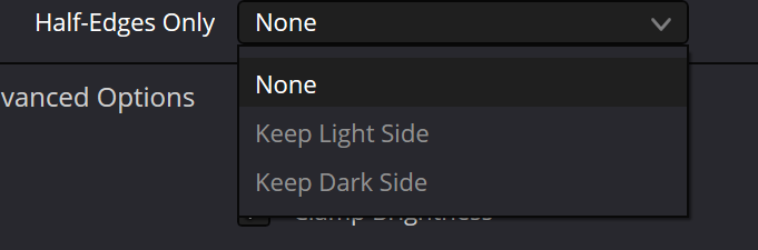 Оригинальный Half-Edges Only: None выбран, Keep Light Side и Keep Dark Side выглядят серыми; наличие в меню не равно доступности