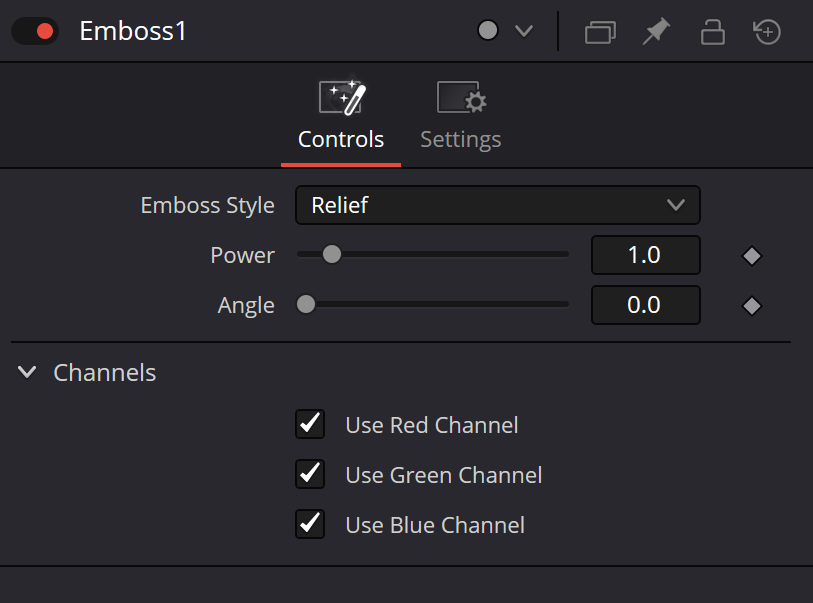 Emboss Controls в Resolve 21: Emboss Style, Power, Angle и три независимых Use Red/Green/Blue Channel; Channels является группой, а не отдельным control