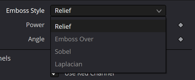 Emboss Style в Inspector: Relief выбран; Emboss Over, Sobel, Laplacian видны в списке серыми. Руководство описывает режимы, но скриншот не подтверждает возможность их выбора в данной сборке.