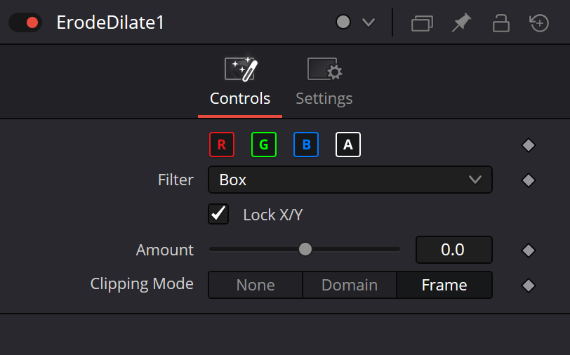 ErodeDilate Controls в Resolve 21: R, G, B, A, Filter, Lock X/Y, Amount и Clipping Mode