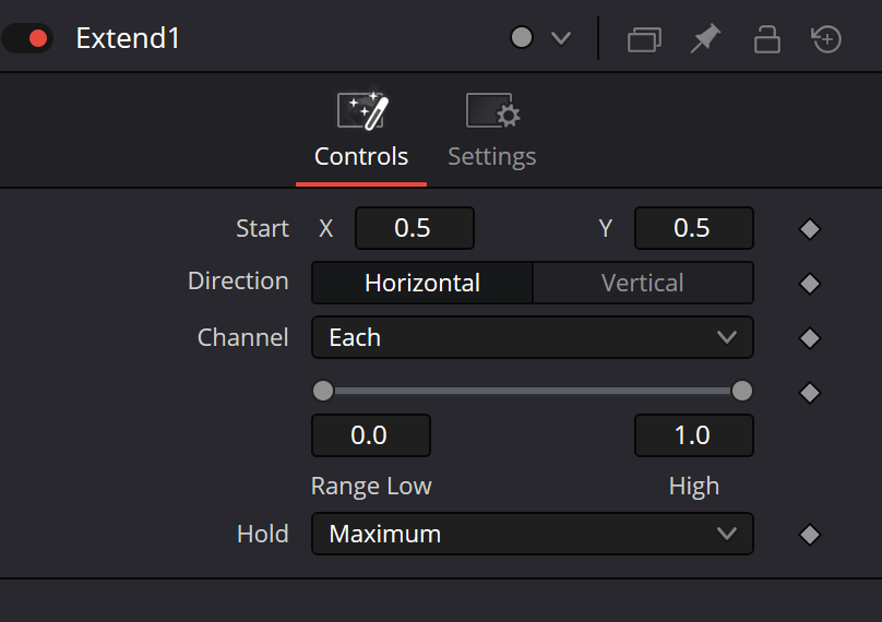 Реальный Inspector Krokodove Extend: Start 0.5/0.5, Horizontal, Channel Each, Range 0–1, Hold Maximum; вкладка Settings закрыта.