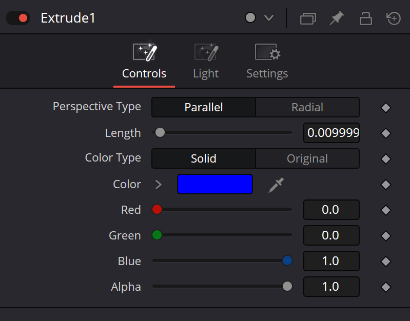 Исходный Inspector Krokodove Extrude Controls: Parallel, Length 0.009999, Solid, Color R0 G0 B1 A1.