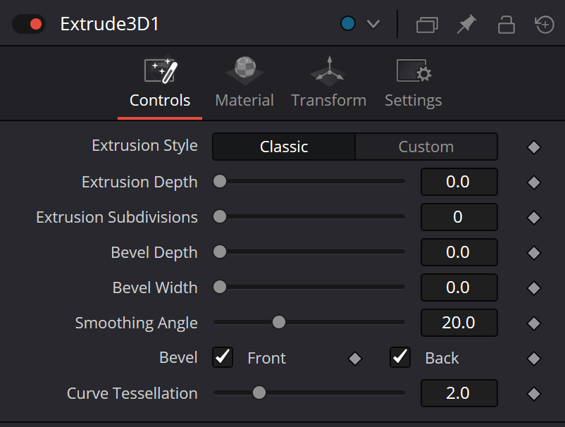 Extrude3D Controls — Classic/Custom, Extrusion Depth/Subdivisions, Bevel, Smoothing and Curve Tessellation