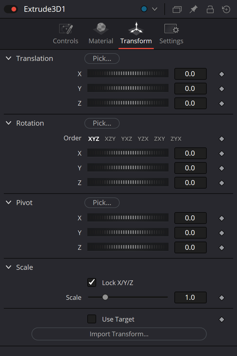 Extrude3D Transform — Translation, Rotation, Pivot, Scale, Use Target and Import Transform