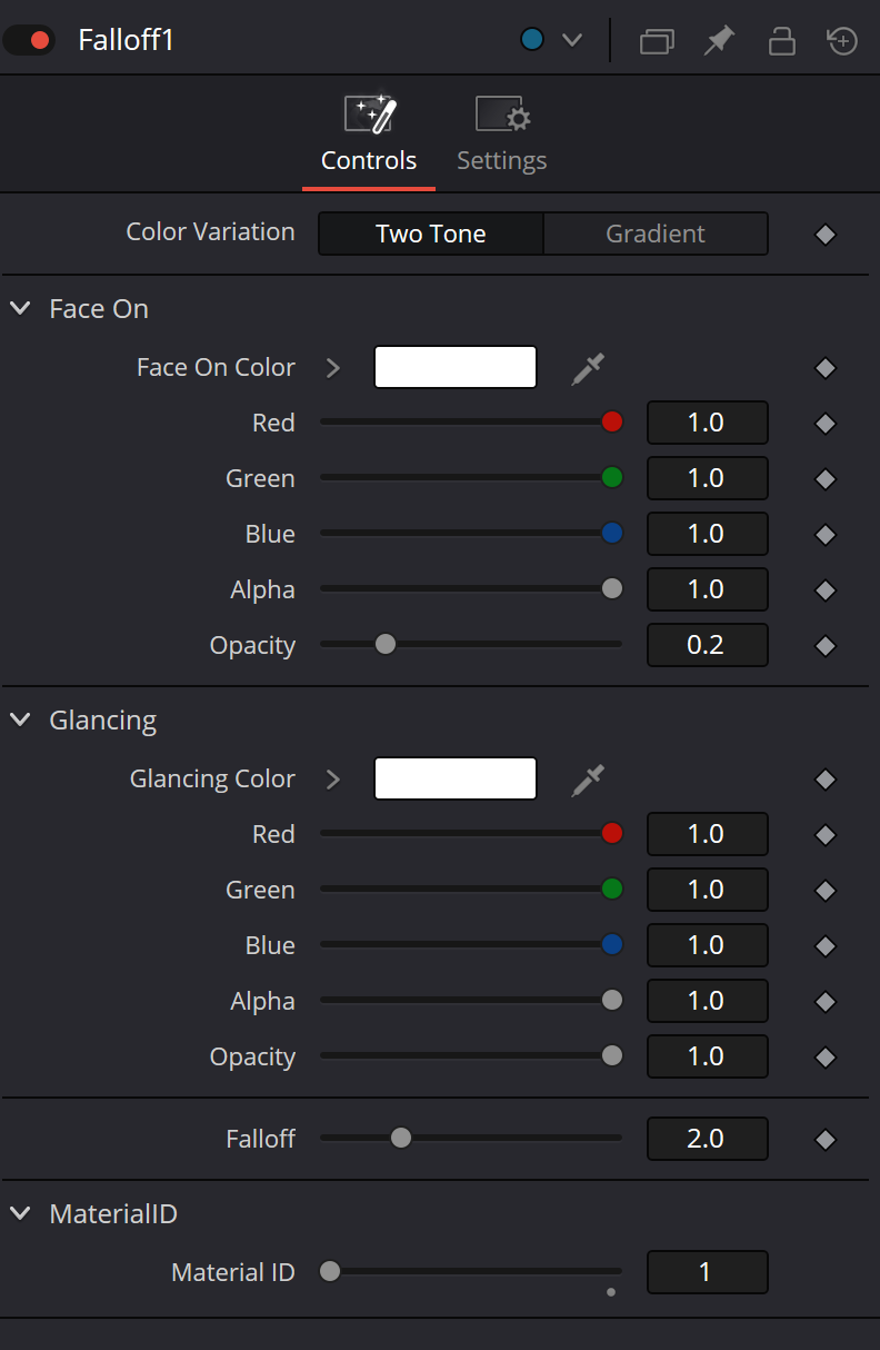 Оригинальный Falloff Inspector: Two Tone; Face On RGBA/Opacity 0.2; Glancing RGBA/Opacity 1.0; Falloff 2.0; Material ID 1.