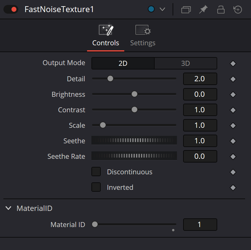 FastNoiseTexture · реальный Inspector Controls (2D UV): Seethe=1.0, Seethe Rate=0, без Scale Z; Settings закрыта