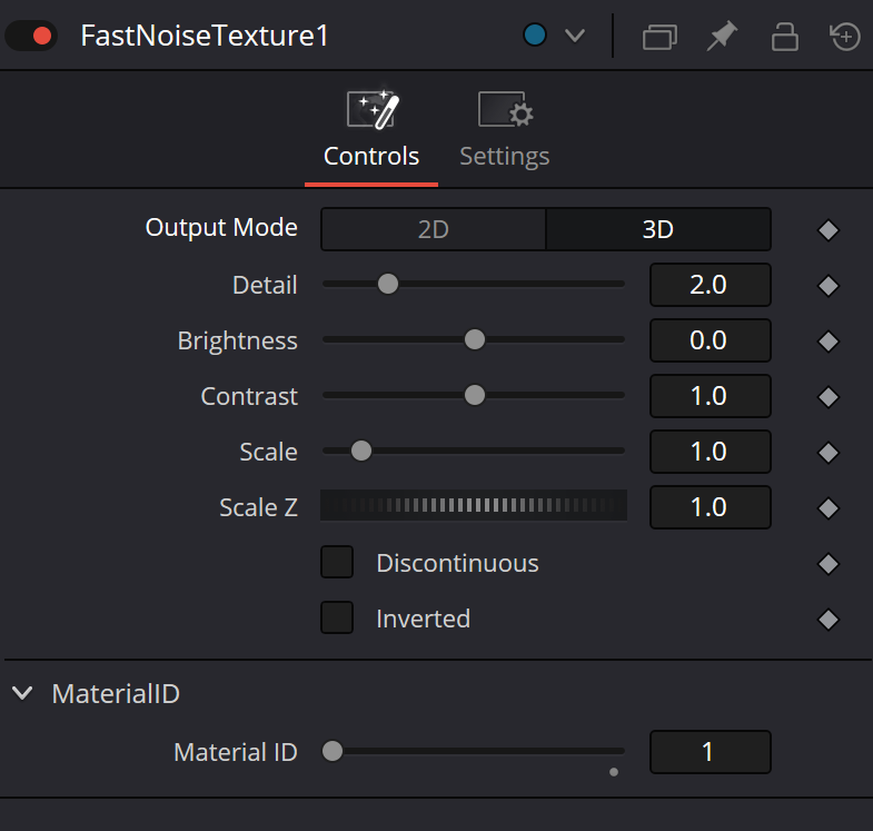 FastNoiseTexture · реальный Inspector Controls (3D UVW): Scale Z=1.0, без Seethe/Seethe Rate; Material ID=1