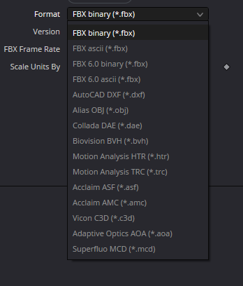 Оригинальный Inspector FBXExporter · Format menu: FBX, DXF, OBJ, DAE and specialist mocap containers