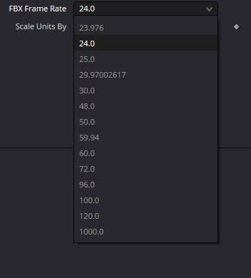 Оригинальный Inspector FBXExporter · FBX Frame Rate menu: 23.976 through 1000.0