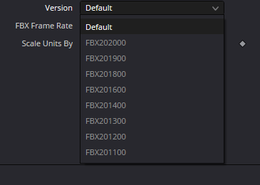Оригинальный Inspector FBXExporter · Version menu: Default through FBX202000