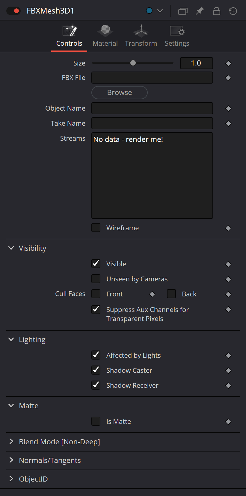 FBXMesh3D Controls — Size, FBX File, Object Name, Take Name, Streams, Wireframe and common 3D groups